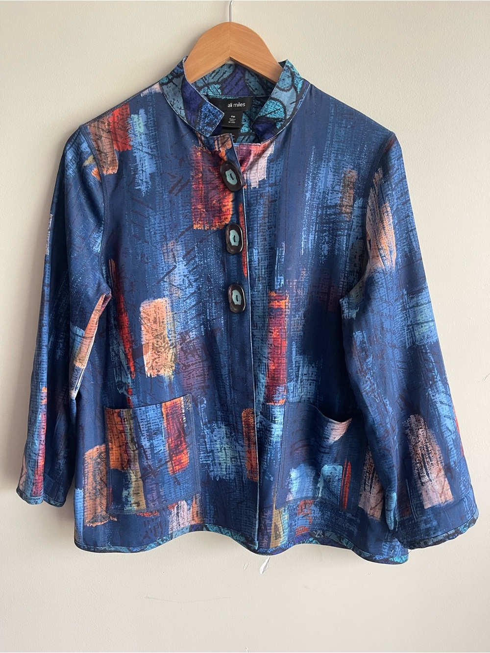 Ali Miles PM Petite Medium Blue Abstract Art Print Button Jacket Tunic Top